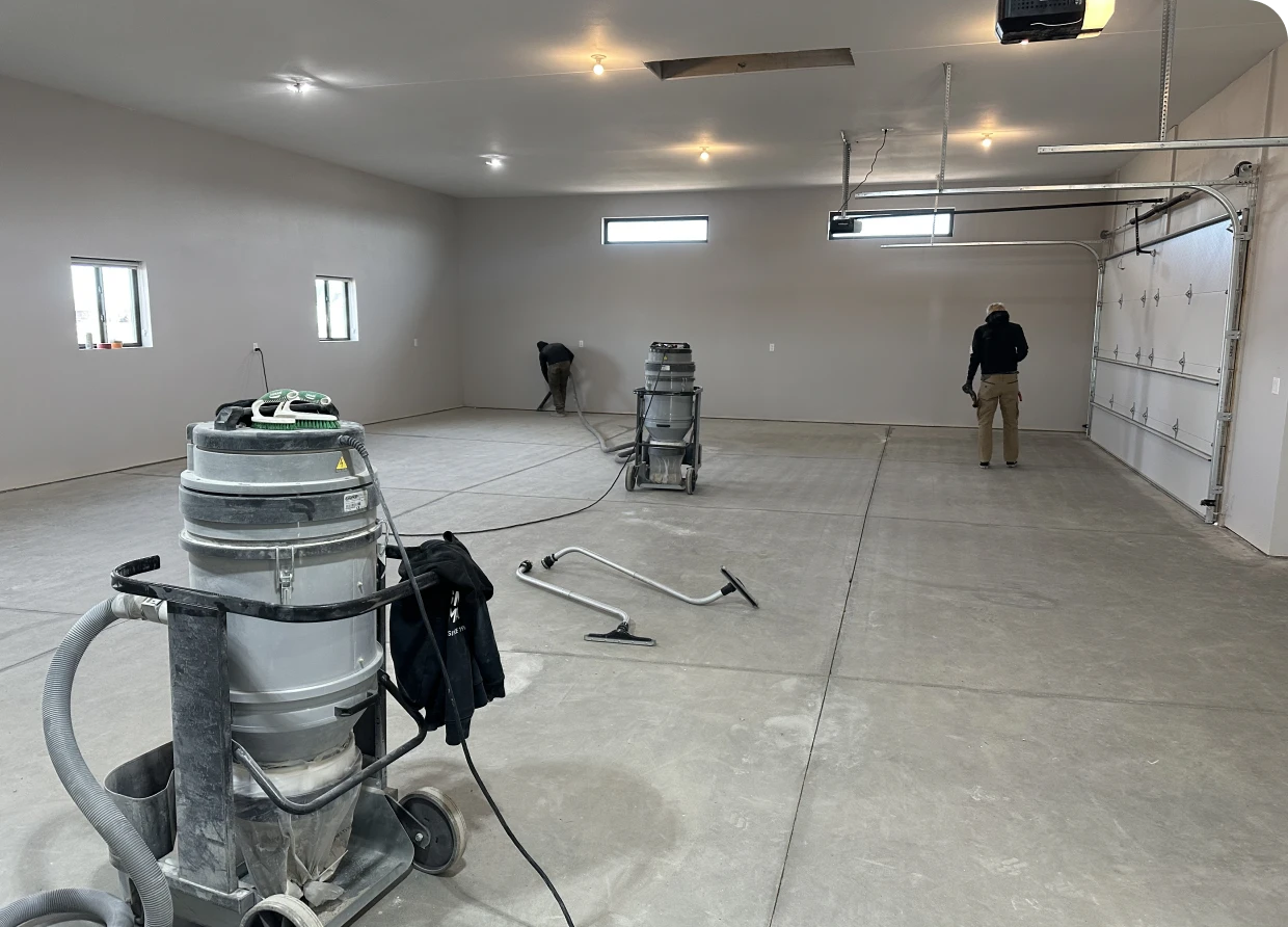 Empty garage with workers and tools